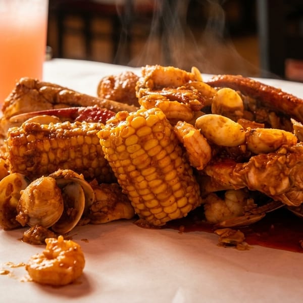 Steaming seafood boil with crab legs, shrimp, clams, and corn on the cob, on white paper.
