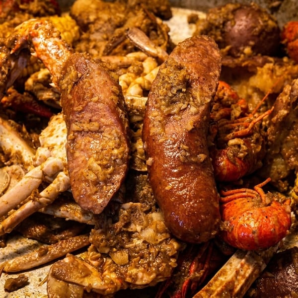 A close-up of a seafood boil with crab, crawfish, sausage, corn, and potatoes in a pan.