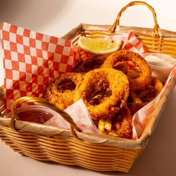 A wicker basket filled with golden onion rings, french fries, lemon, and dipping sauces.