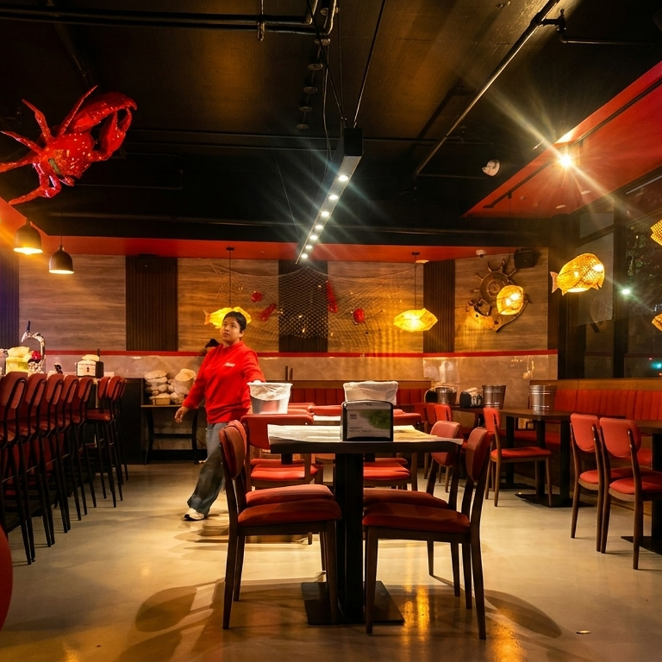 Restaurant interior with red decor, a bar, dining tables, and a person walking.