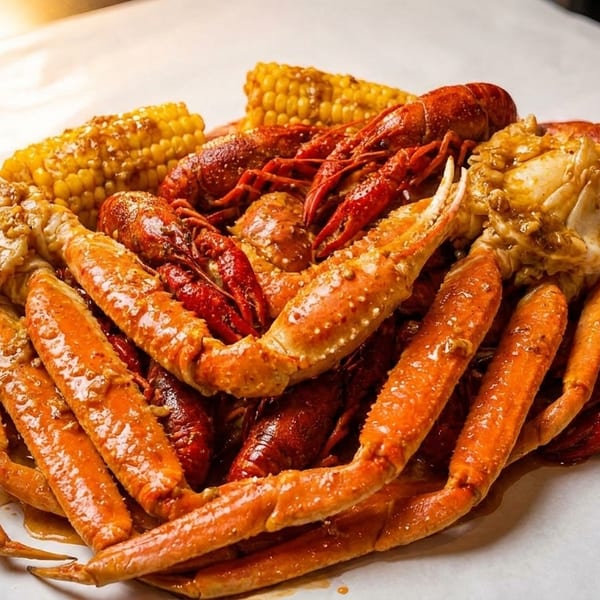 A seafood boil with crab legs, crawfish, and corn on the cob, covered in sauce.